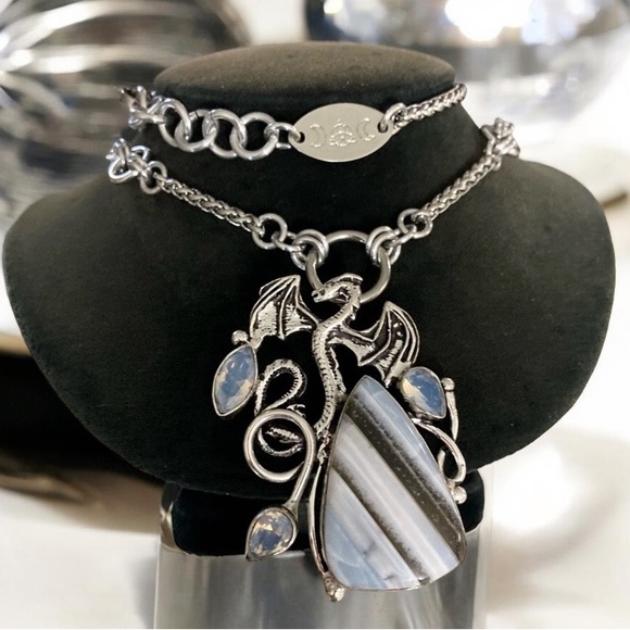 925 sterling silver overlay stripped agate iridescent opalite dragon necklace - Picture 4 of 12